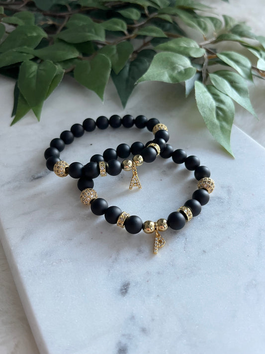 Matte Black & Gold Letter Charm Friendship Bracelets