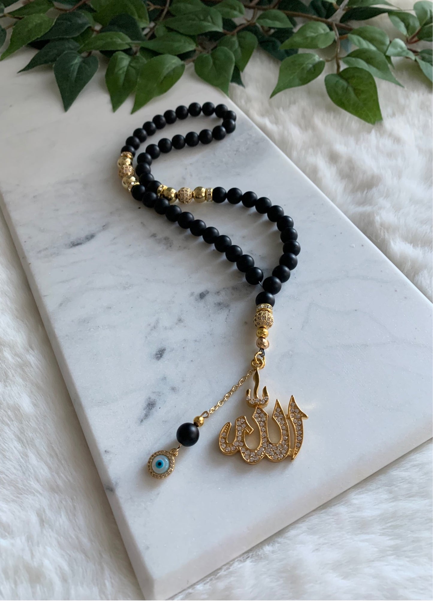 Tasbih - 50 Beads - Matte Black & Gold - Allah Pendant & Evil Eye Charm