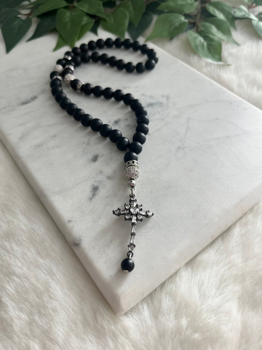 Rosary - 50 Beads - Matte Black & Silver - Black Cross