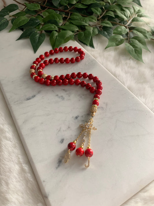 Rosary - 50 Beads - Marble red & Golden Cross - Letter & Hamsa Hand