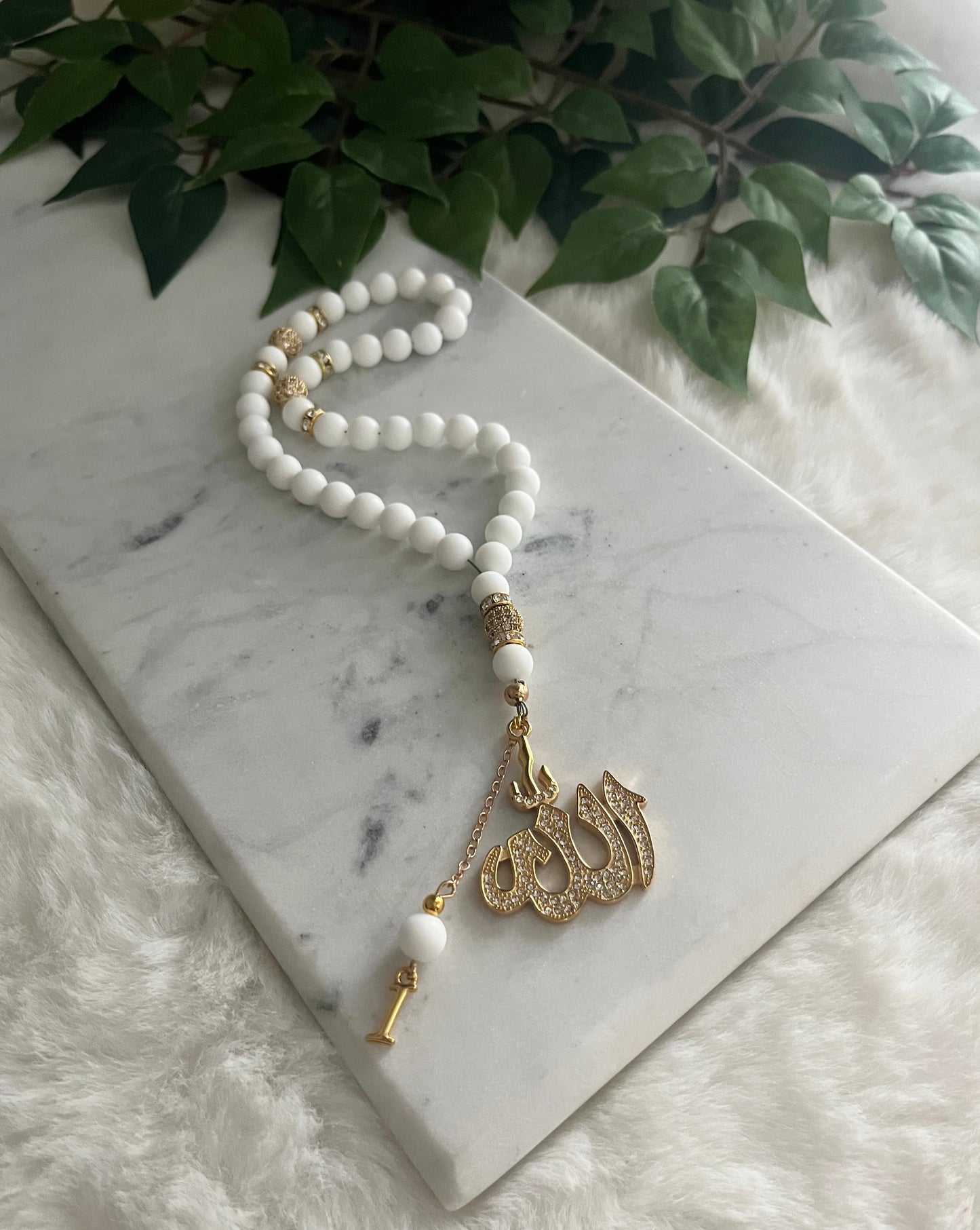 Tasbih - 33 Beads Handheld - Matte White & Gold - Allah & Letter