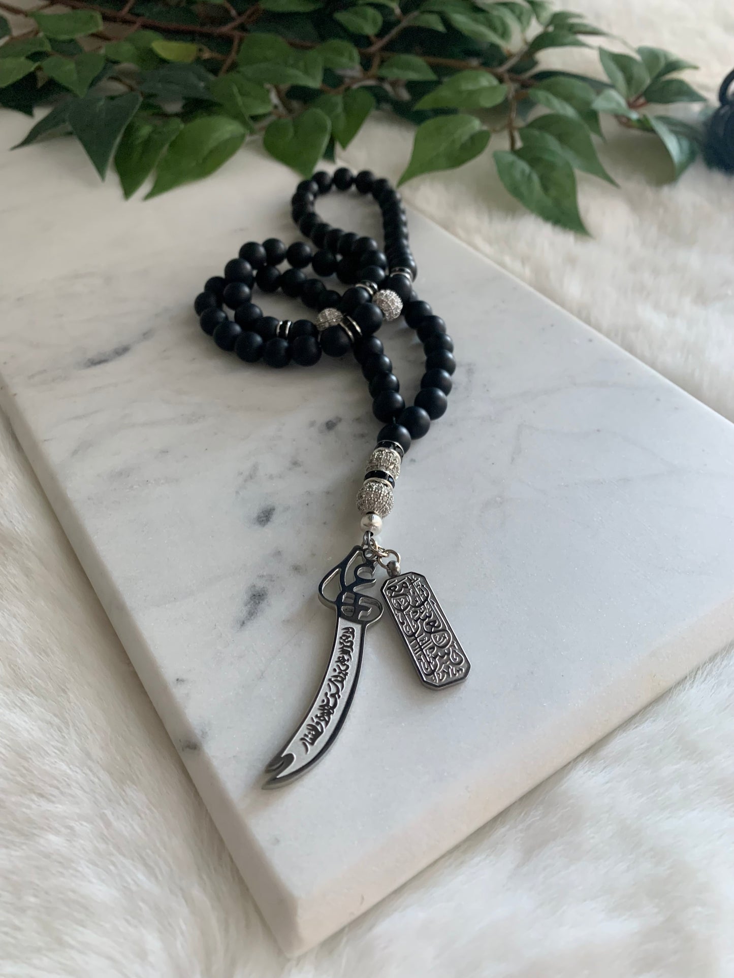 Tasbih - 66 Beads - Matte Black - Zulfiqar Sword & Verily With Hardship Comes Ease Pendant