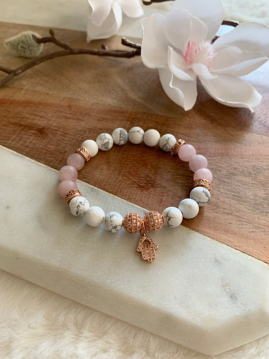 Howlite & Rose Quartz Hamsa Hand Bracelet