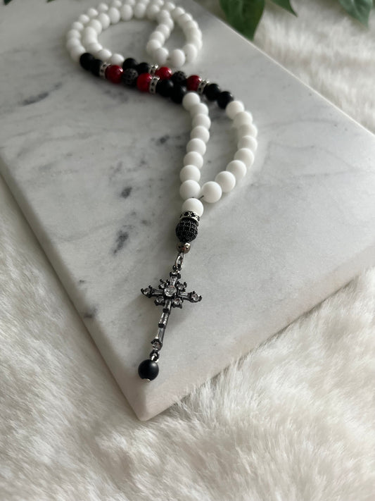 Rosary - Mercedes - Matte White - Black Cross