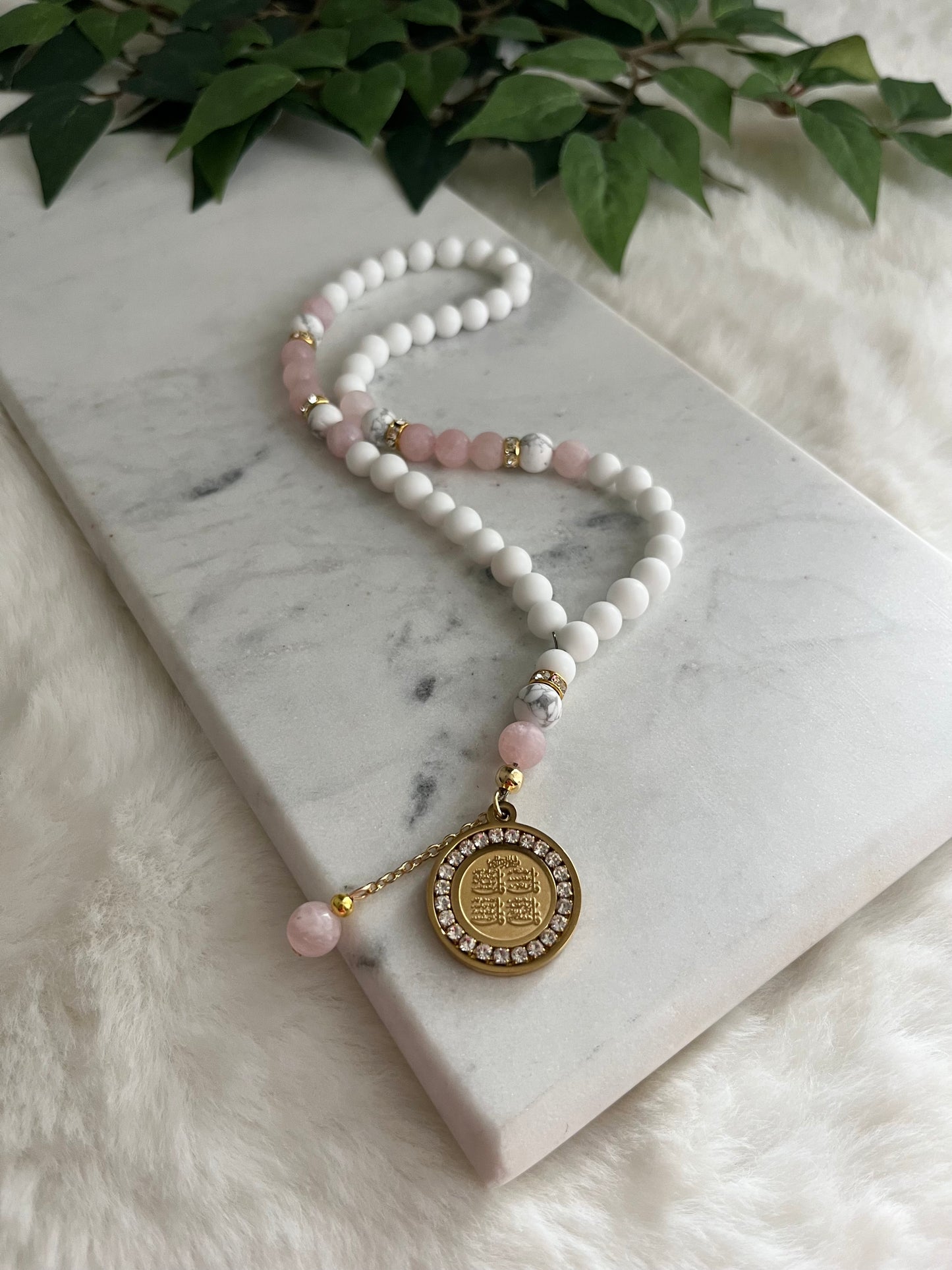 Tasbih - 50 Beads - Matte White & Rose Quartz - 4 Qul Pendant