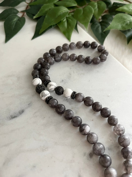 Tasbih - 50 Beads - Grey Jade & Howlite - Verily With Hardship Comes Ease Pendant