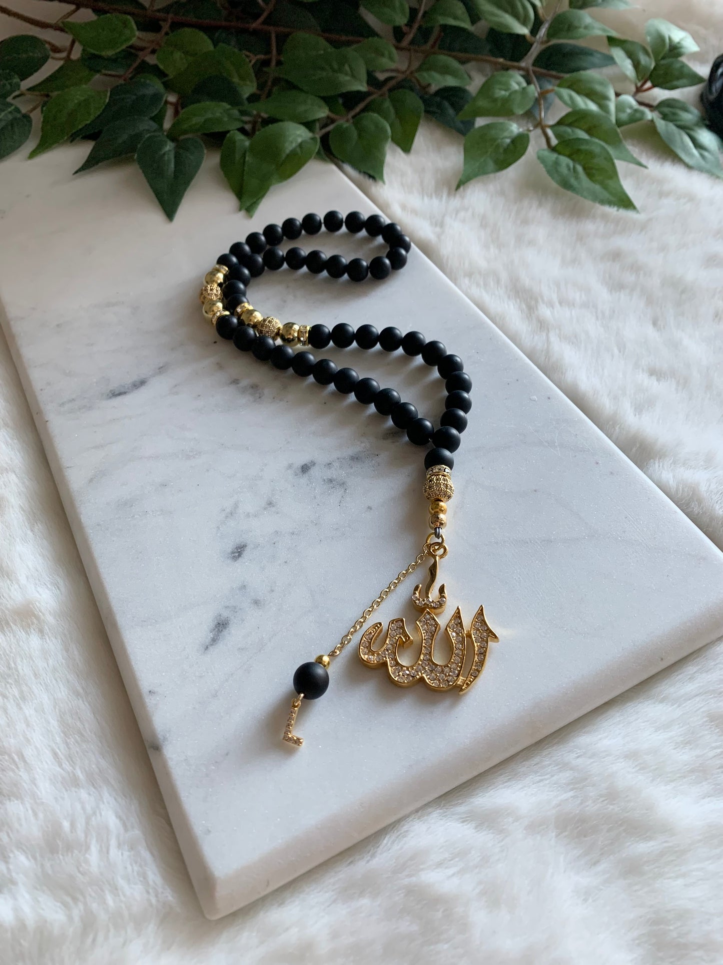 Tasbih - 50 Beads - Matte Black & Gold - Allah Pendant & Letter