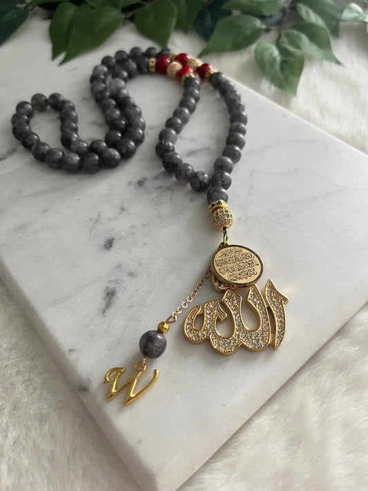 Tasbih - Mercedes - Grey Jade & Red - Allah Pendant & Ayatul Kursi - Letter