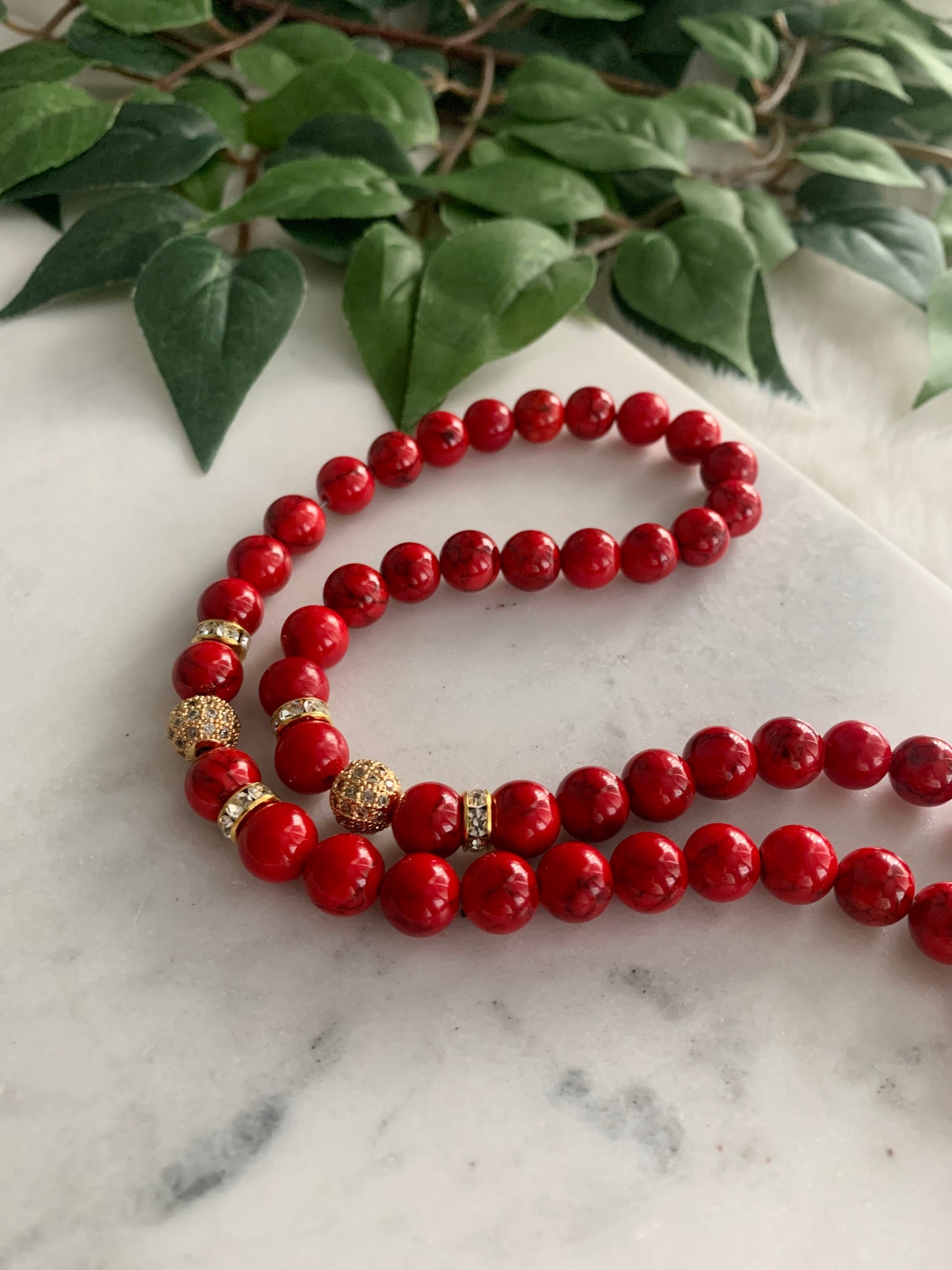 Rosary - 50 Beads - Marble red & Golden Cross - Letter & Hamsa Hand