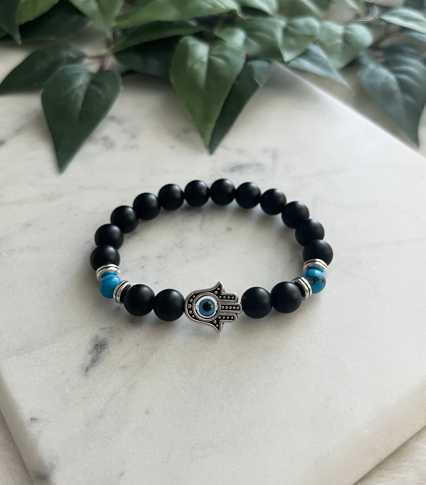 Matte Black & Blue Hamsa Hand & Evil Eye Bracelet