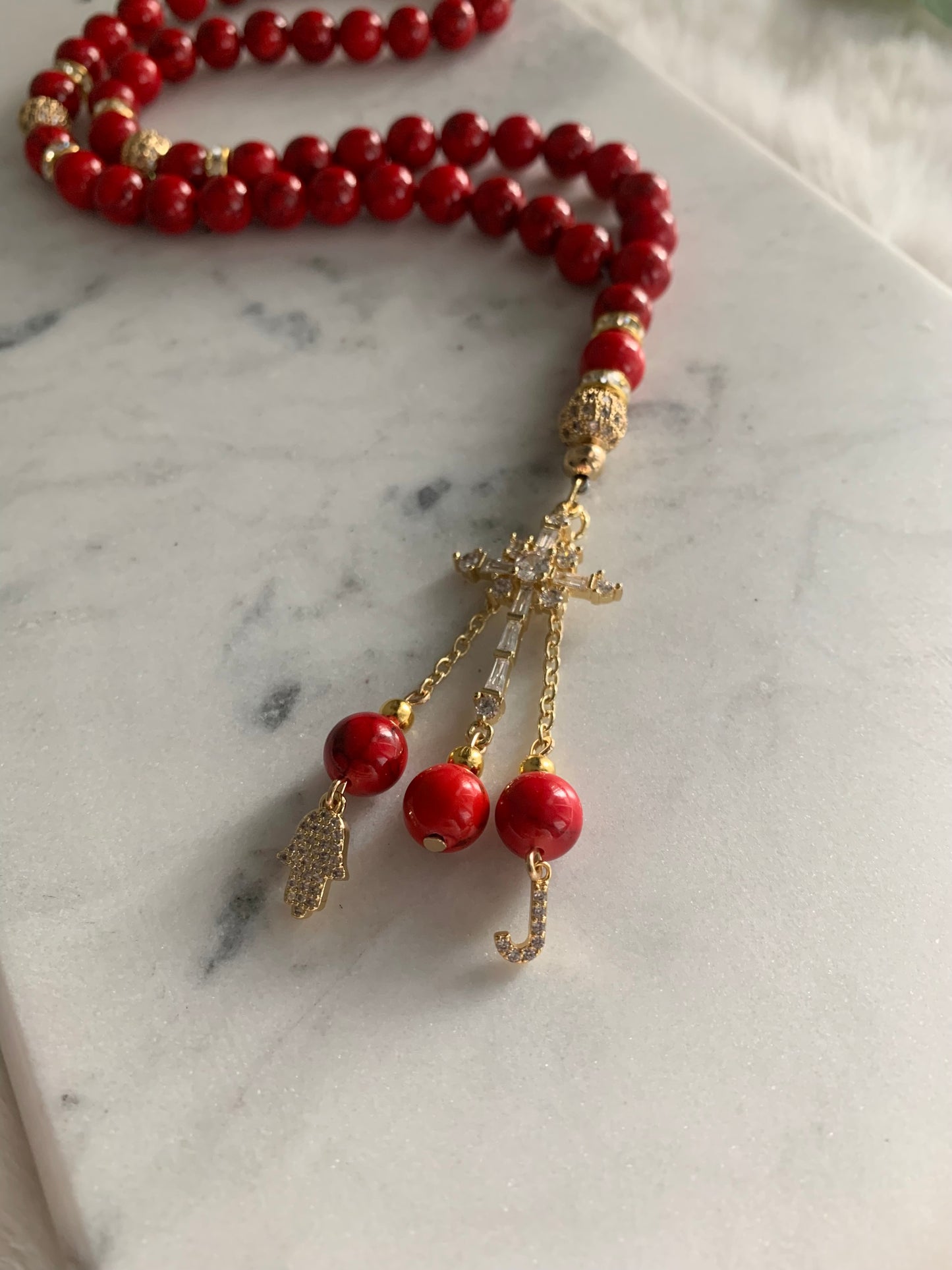 Rosary - 50 Beads - Marble red & Golden Cross - Letter & Hamsa Hand