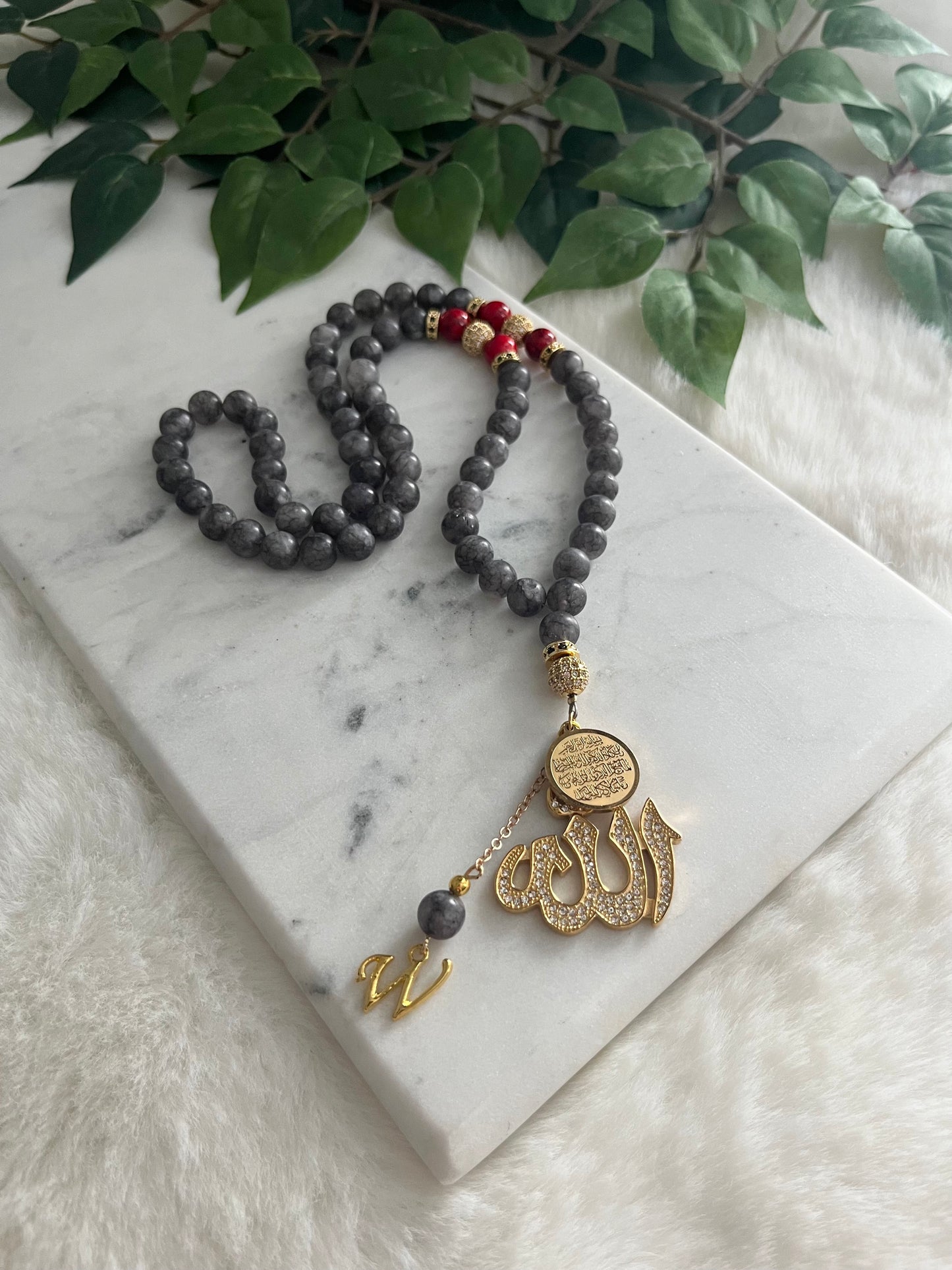 Tasbih - Mercedes - Grey Jade & Red - Allah Pendant & Ayatul Kursi - Letter