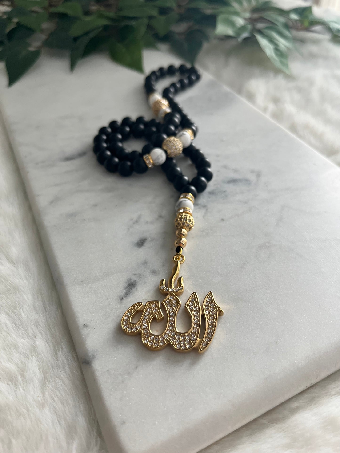 Tasbih - 66 Beads - Matte black & Howlite - Allah Pendant