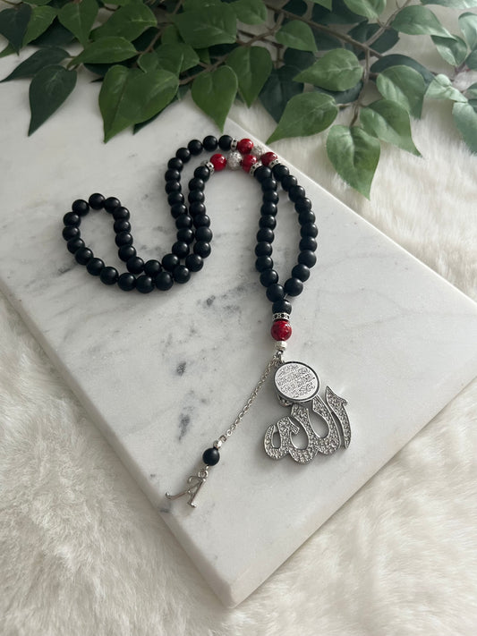 Tasbih - Mercedes - Matte Black & Red - Allah Pendant & Ayatul Kursi - Letter