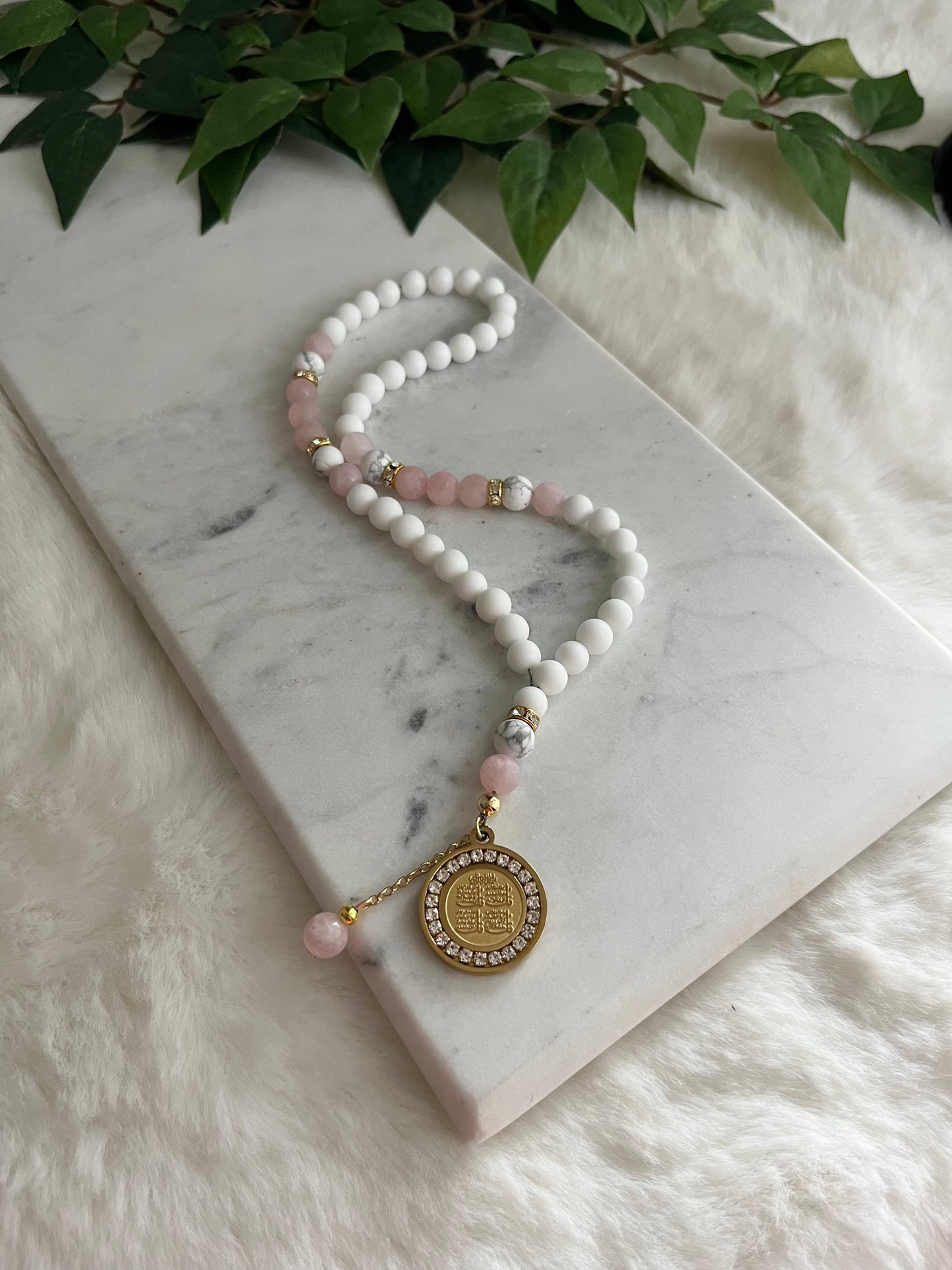 Tasbih - 50 Beads - Matte White & Rose Quartz - 4 Qul Pendant