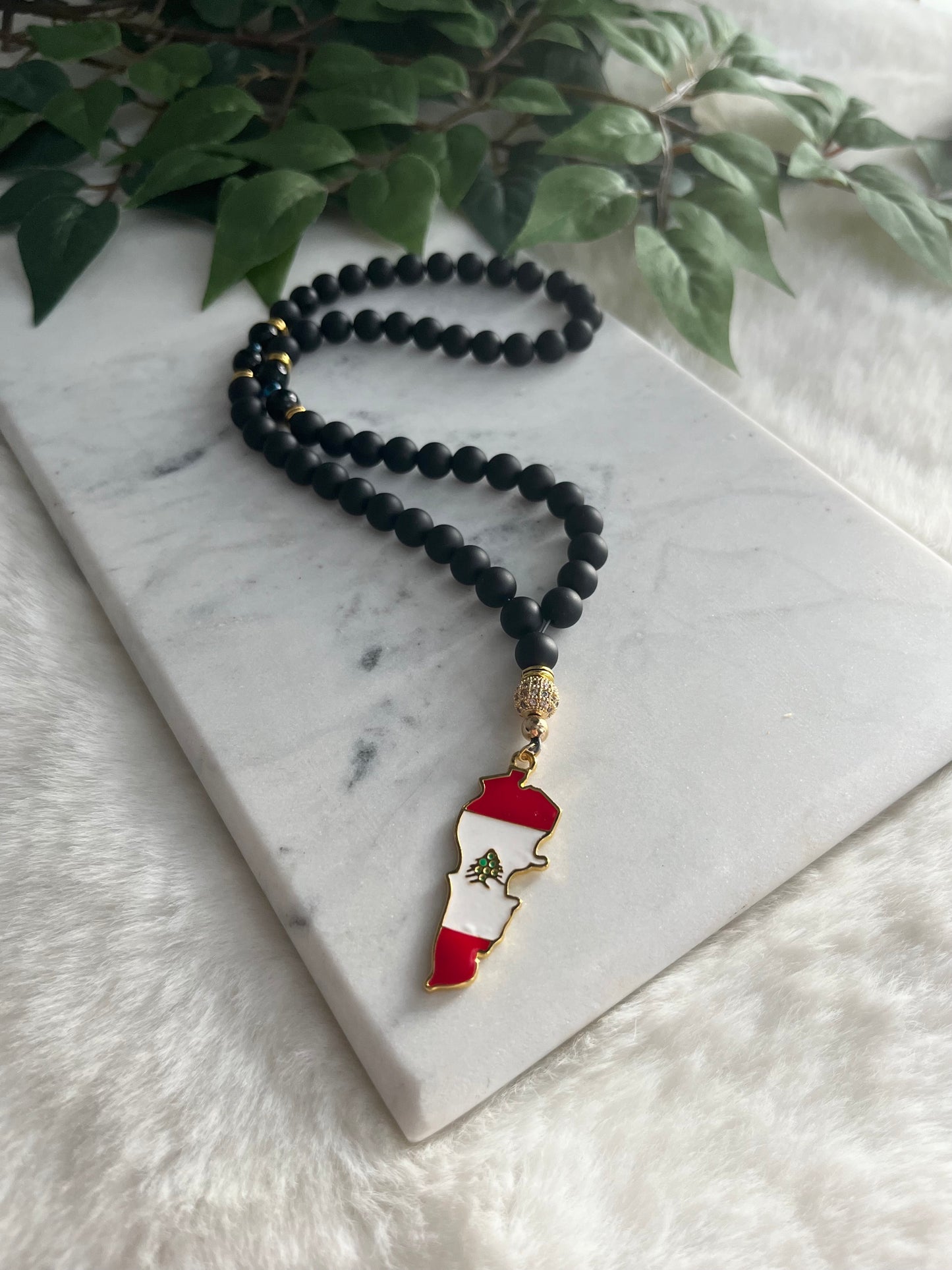 Tasbih - 50 beads - Matte Black - Lebanon Flag