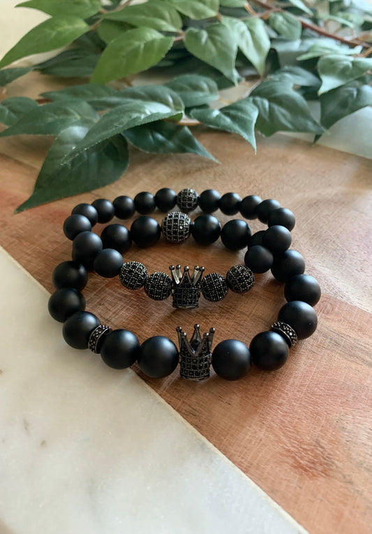 King & Queen - Tall Crown - Matte Black - His & Her Bracelets