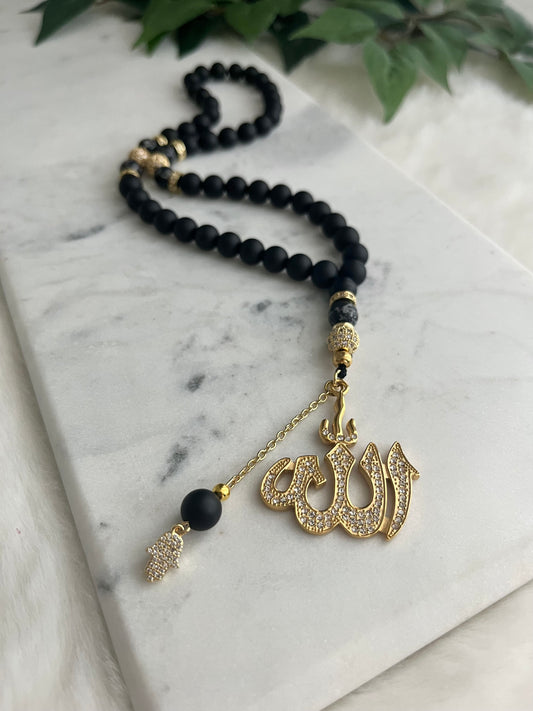 Tasbih - 50 Beads - Matte Black & Black Jasper - Allah Pendant & Hamsa Hand