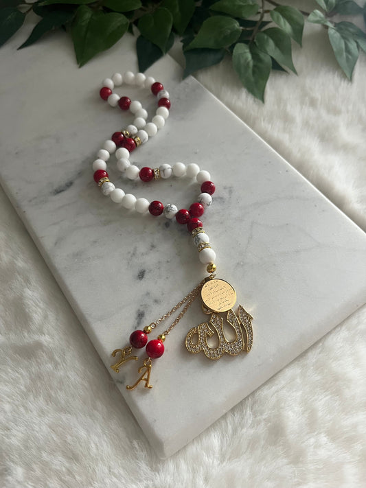 Tasbih - Jeeps & Trucks - Matte White & Howlite & Red Jade - Allah & Ayatul Kursi - 2 Letters