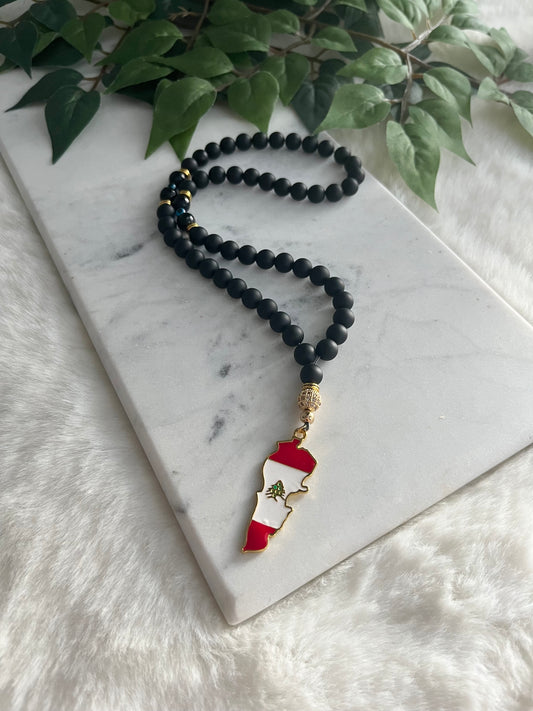 Tasbih - 50 beads - Matte Black - Lebanon Flag