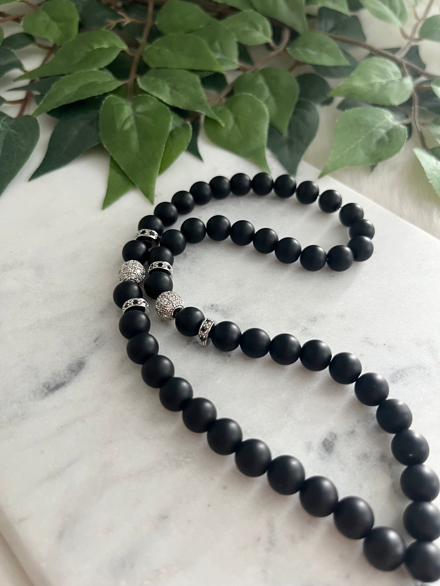 Rosary - 50 Beads - Matte Black & Silver - Black Cross