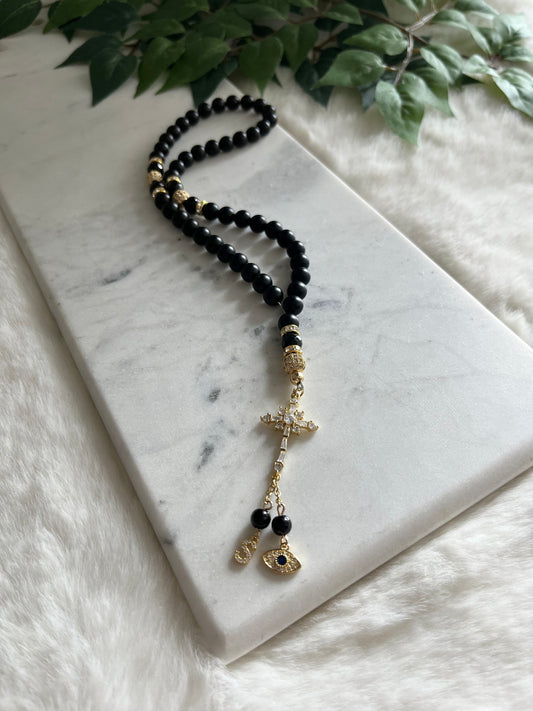 Rosary - 50 Beads - Matte Black - Golden Cross - Letter & Evil Eye